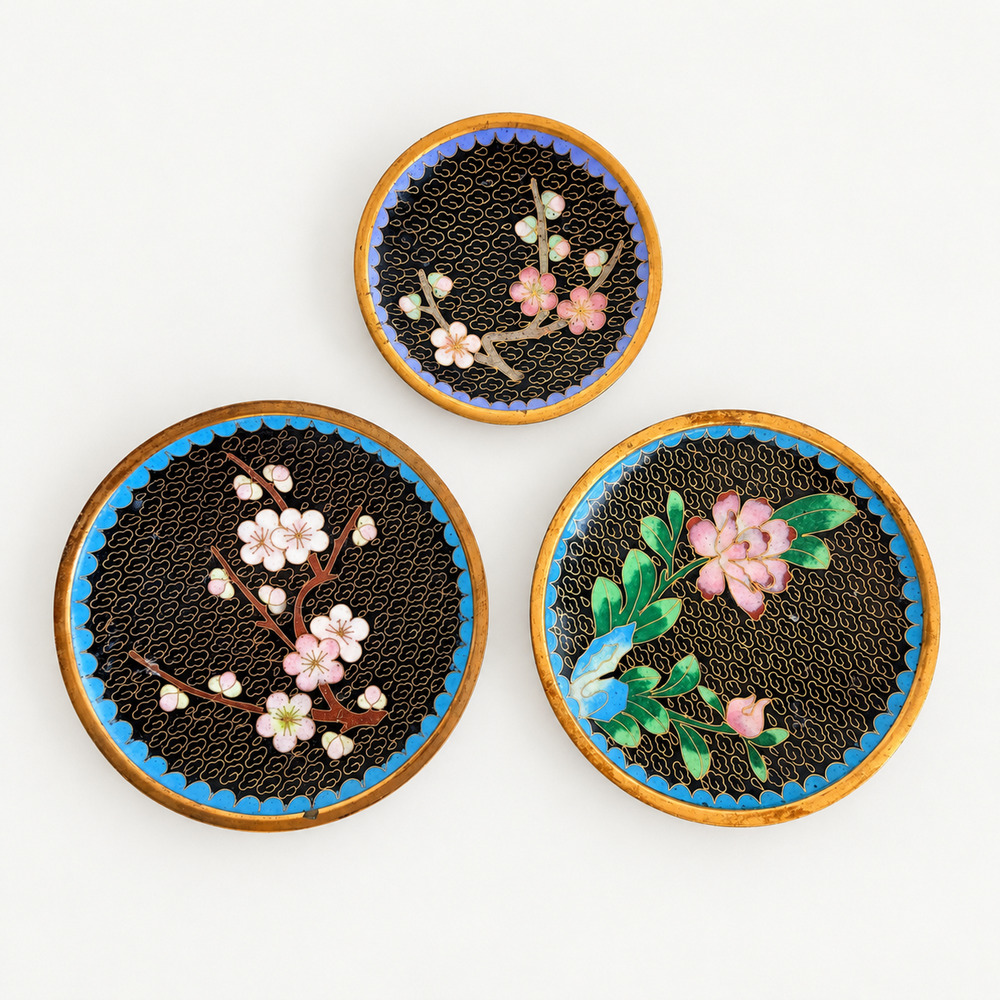 Vintage Chinese Cloisonné Enamel Miniature Floral Plates Set of 3 Brass Rims
